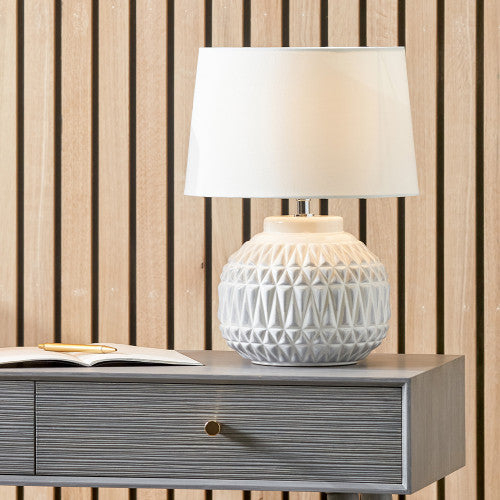 Anneli Warm White Aztec Texture Ceramic Table Lamp - TheArtistsQuarter