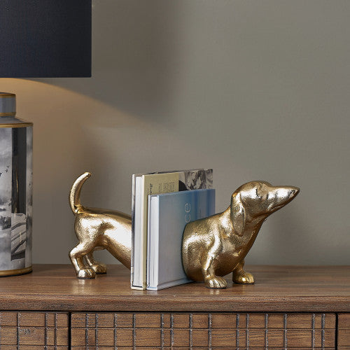 Shiny Gold Metal Sausage Dog Book Ends - TheArtistsQuarter