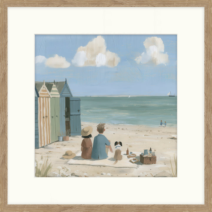 Picnic By Lucy Hart - two children and a dog picnicking on the beach by the beach huts - TheArtistsQuarter