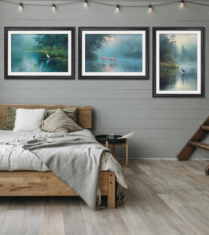Misty Lake Heron - Black Hurstwood Frame - TheArtistsQuarter