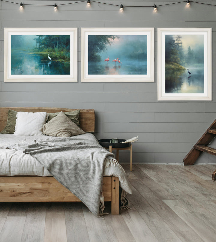 Misty Lake Heron - Cream Hurstwood Frame - TheArtistsQuarter