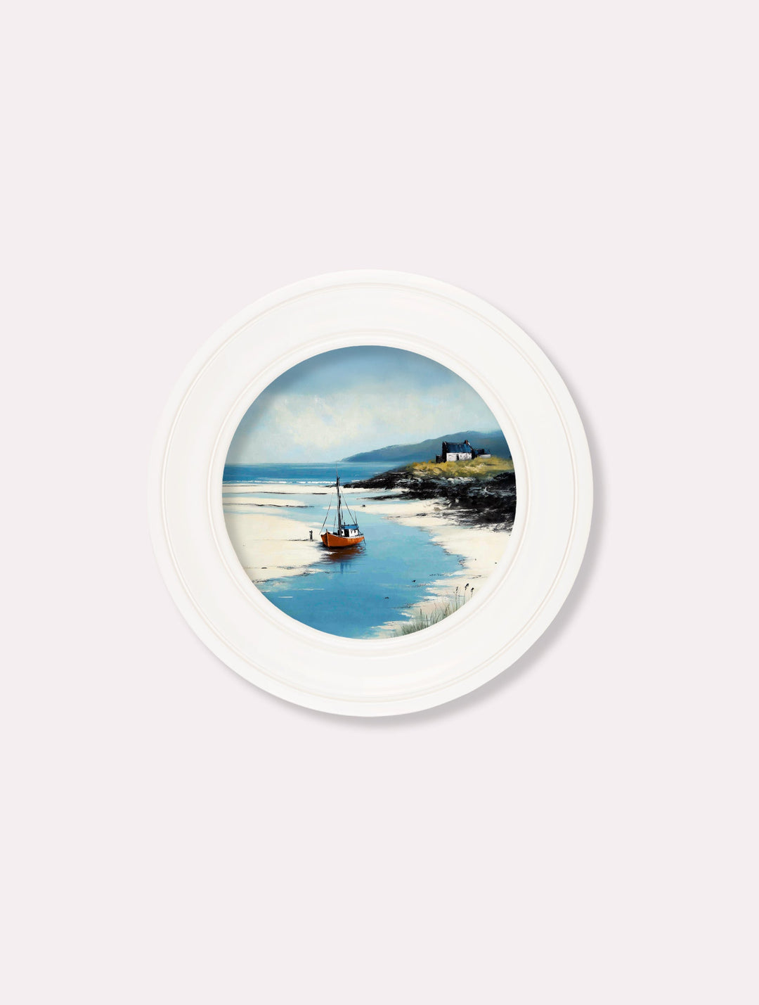 The Coastal Boat - Oxford White Round Frame - TheArtistsQuarter