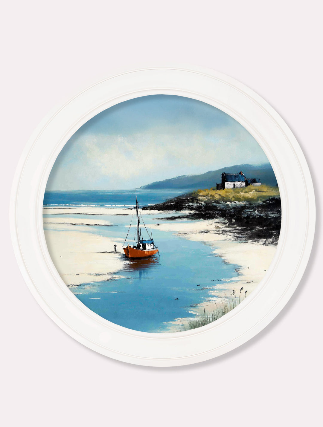 The Coastal Boat - Oxford White Round Frame - TheArtistsQuarter