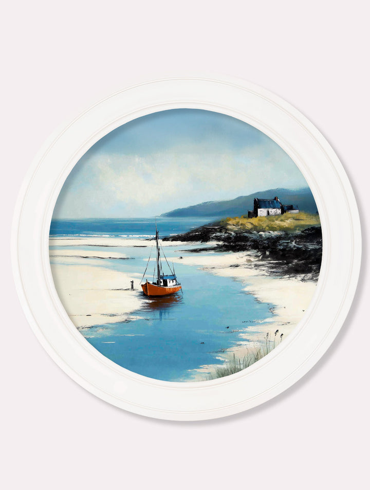 The Coastal Boat - Oxford White Round Frame - TheArtistsQuarter