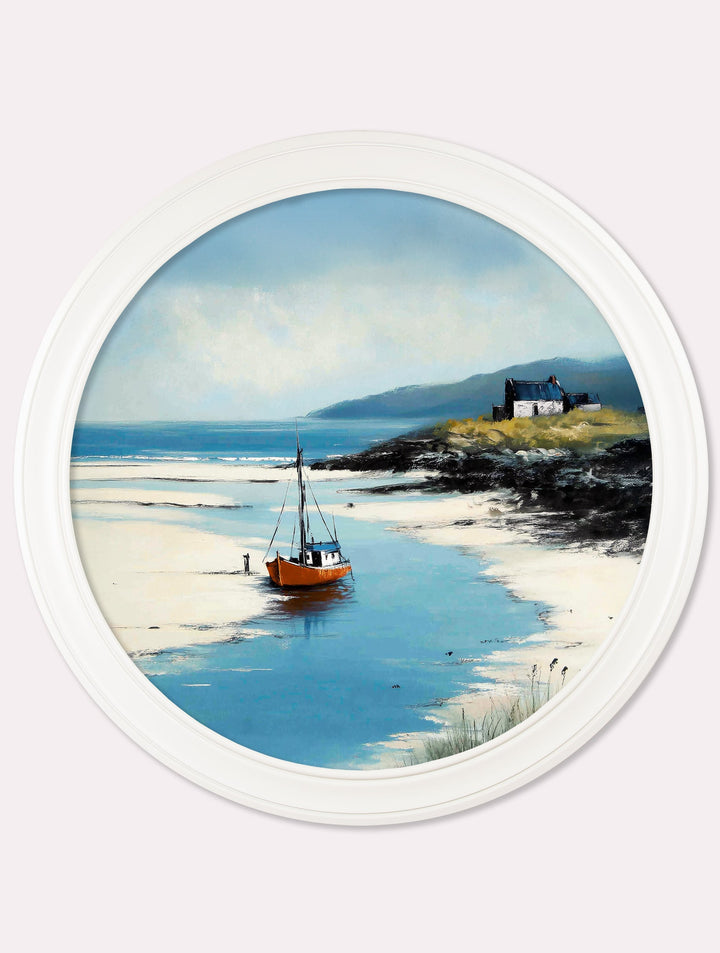 The Coastal Boat - Oxford White Round Frame - TheArtistsQuarter