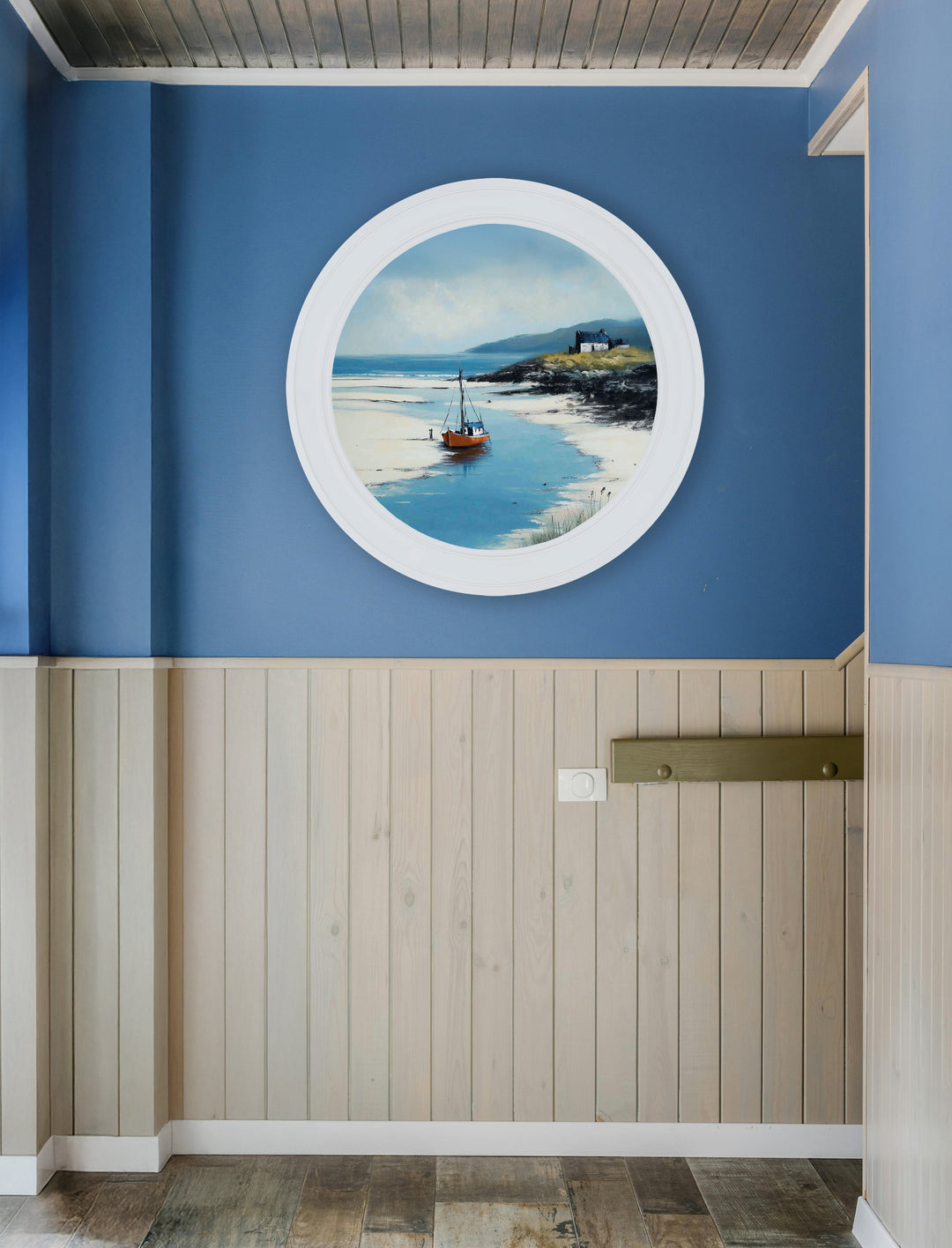 The Coastal Boat - Oxford White Round Frame - TheArtistsQuarter