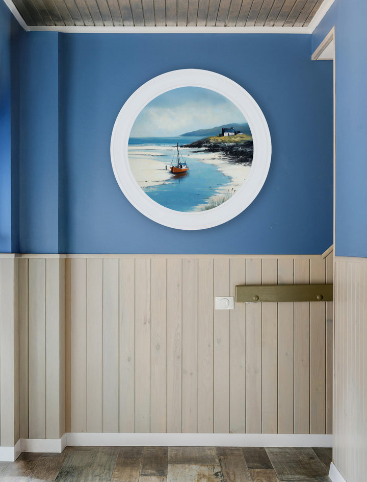 The Coastal Boat - Oxford White Round Frame - TheArtistsQuarter