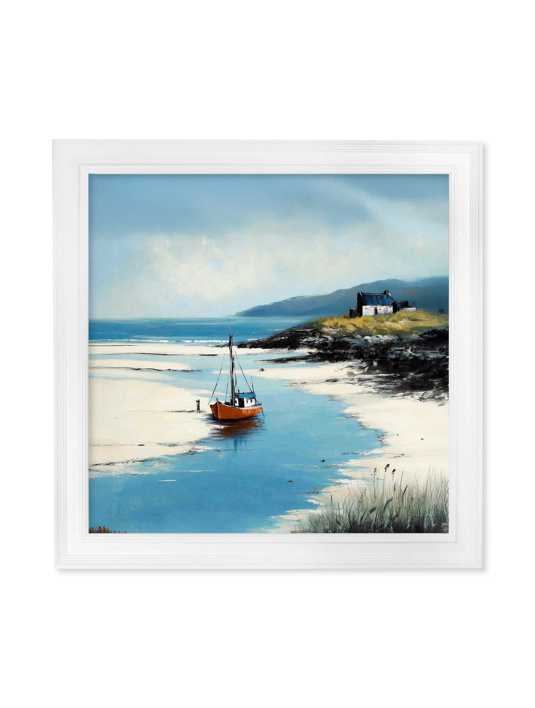 The Coastal Boat - White Hurstwood Square Frame - TheArtistsQuarter