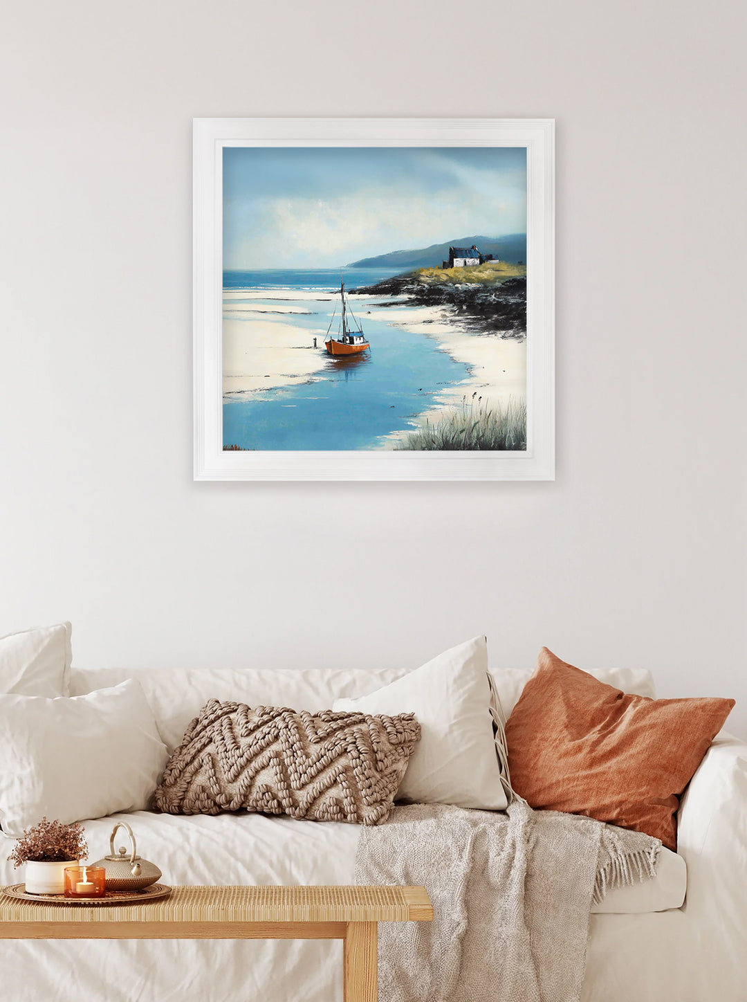 The Coastal Boat - White Hurstwood Square Frame - TheArtistsQuarter