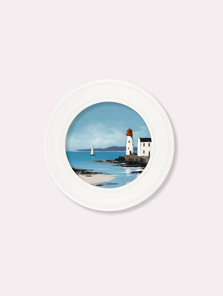 The Coastal Lighthouse - Oxford White Round Frame - TheArtistsQuarter