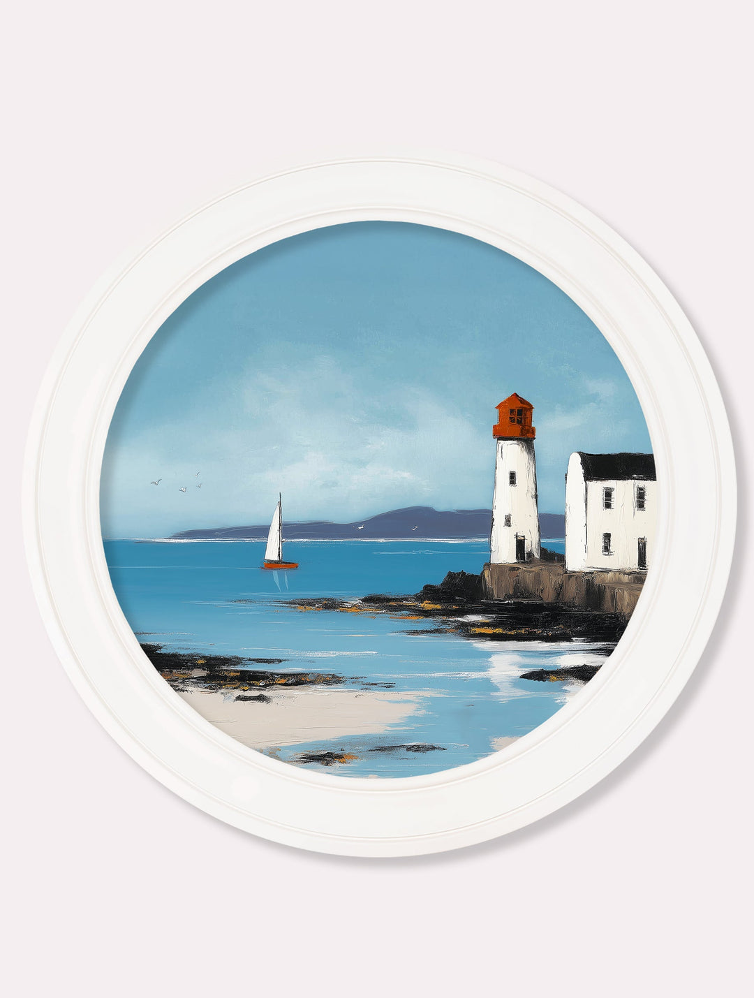 The Coastal Lighthouse - Oxford White Round Frame - TheArtistsQuarter