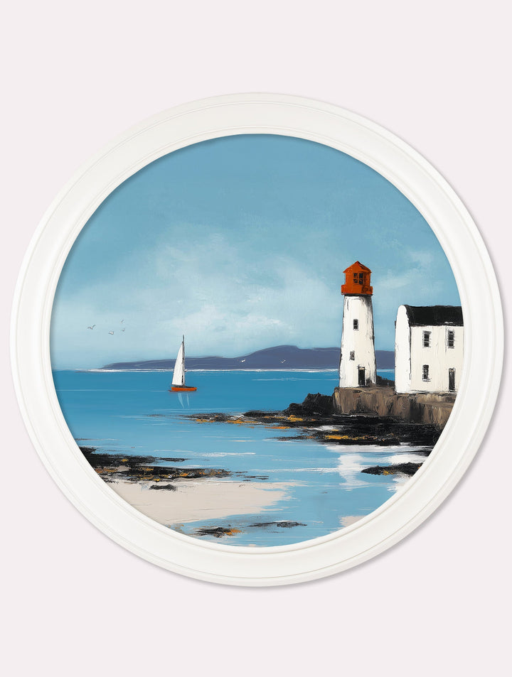 The Coastal Lighthouse - Oxford White Round Frame - TheArtistsQuarter