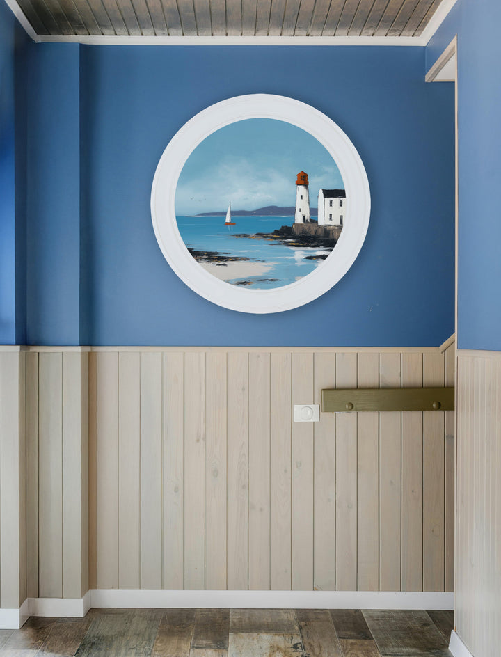 The Coastal Lighthouse - Oxford White Round Frame - TheArtistsQuarter