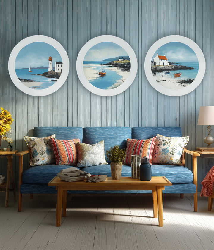 The Coastal Boat - Oxford White Round Frame - TheArtistsQuarter