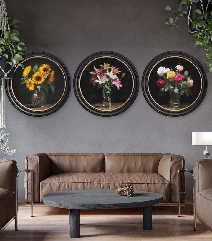 Sunflowers After Dark - Oxford Round Frame - TheArtistsQuarter