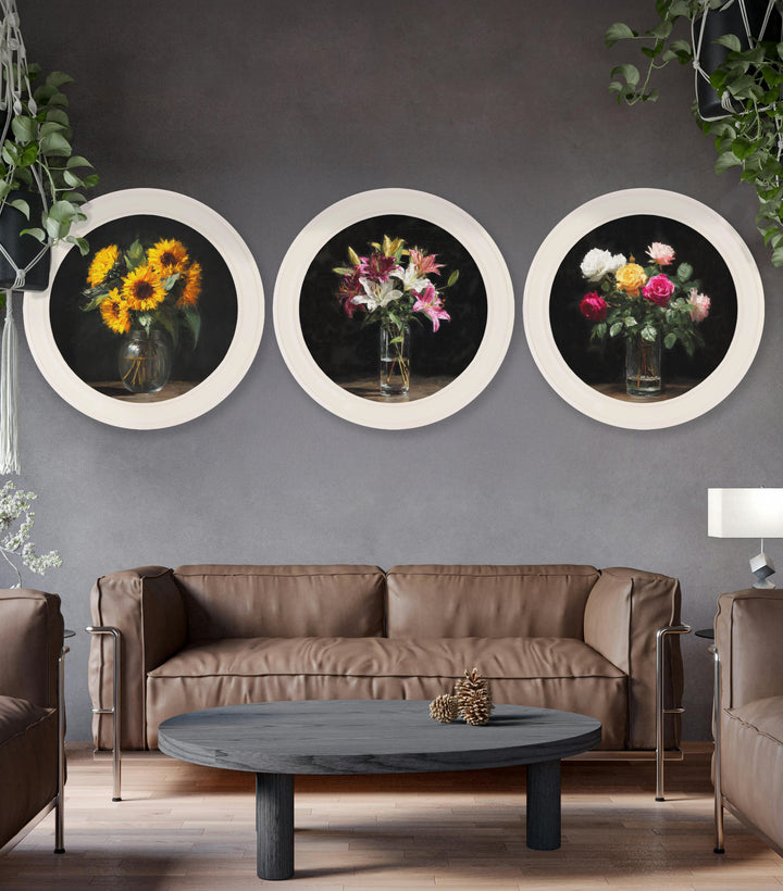 Sunflowers After Dark - Oxford Strong White Round Frame - TheArtistsQuarter