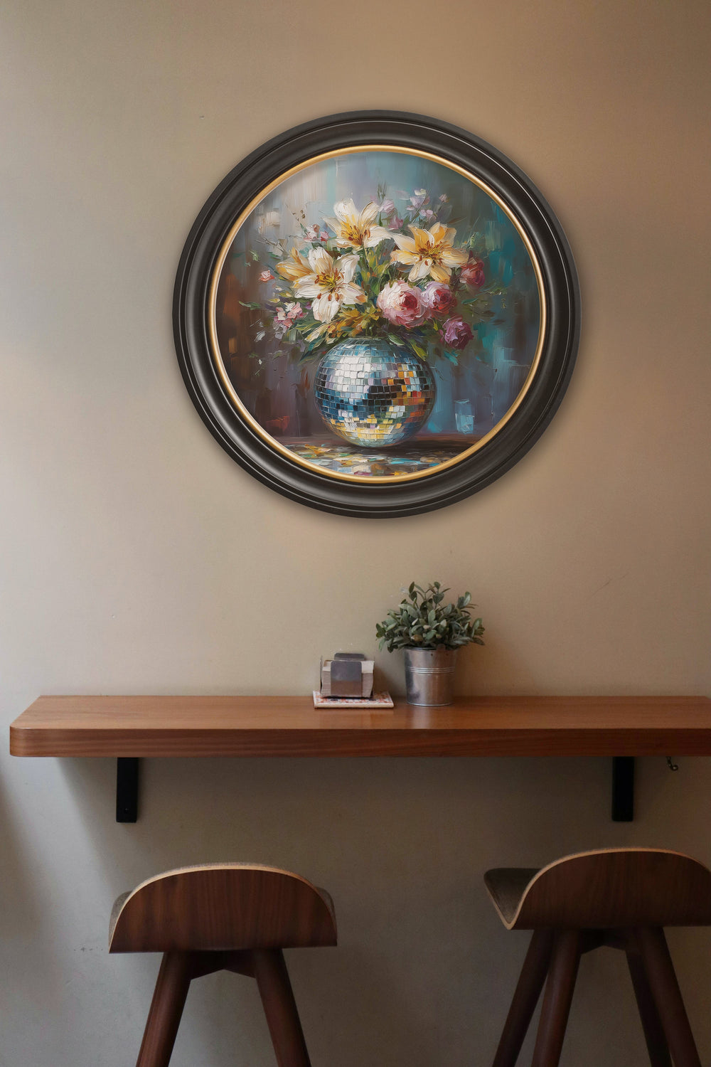 Disco Lilies & Roses - Oxford Round Frame - TheArtistsQuarter