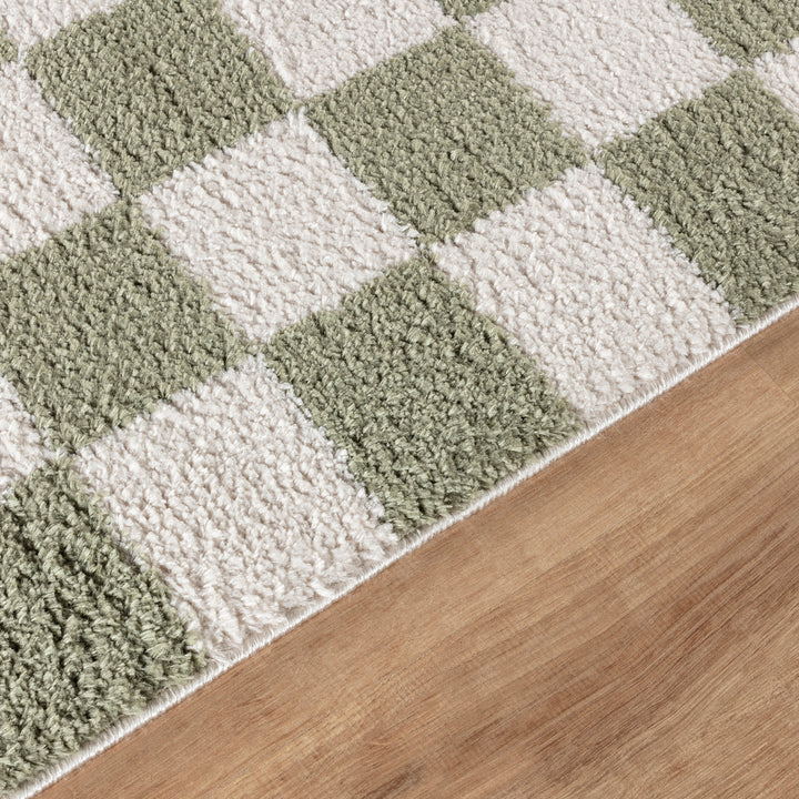 Fossay Washable Checkered Shaggy Rug Green - TheArtistsQuarter