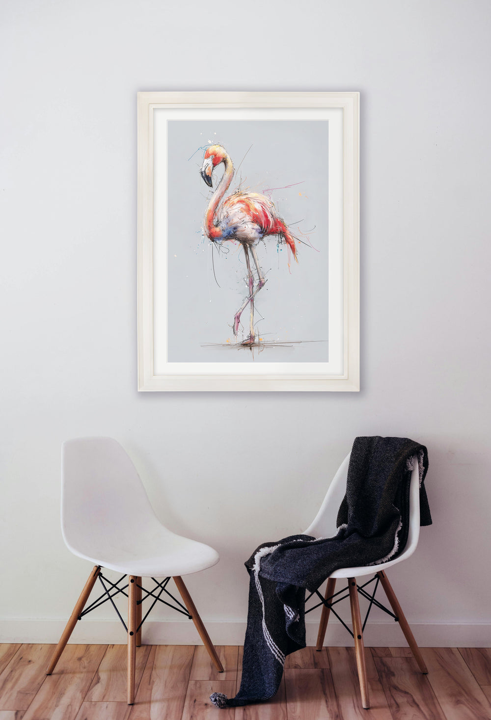Pink Flamingo Cosy Sketch - Cream Hurstwood Frame - TheArtistsQuarter