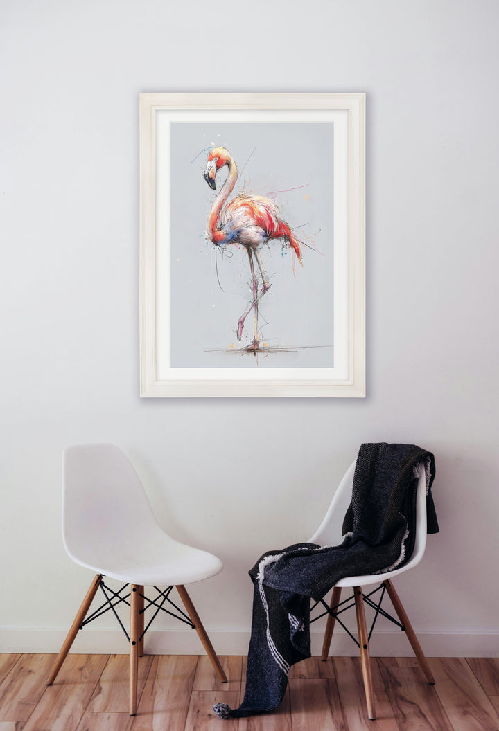 Pink Flamingo Cosy Sketch - Cream Hurstwood Frame - TheArtistsQuarter