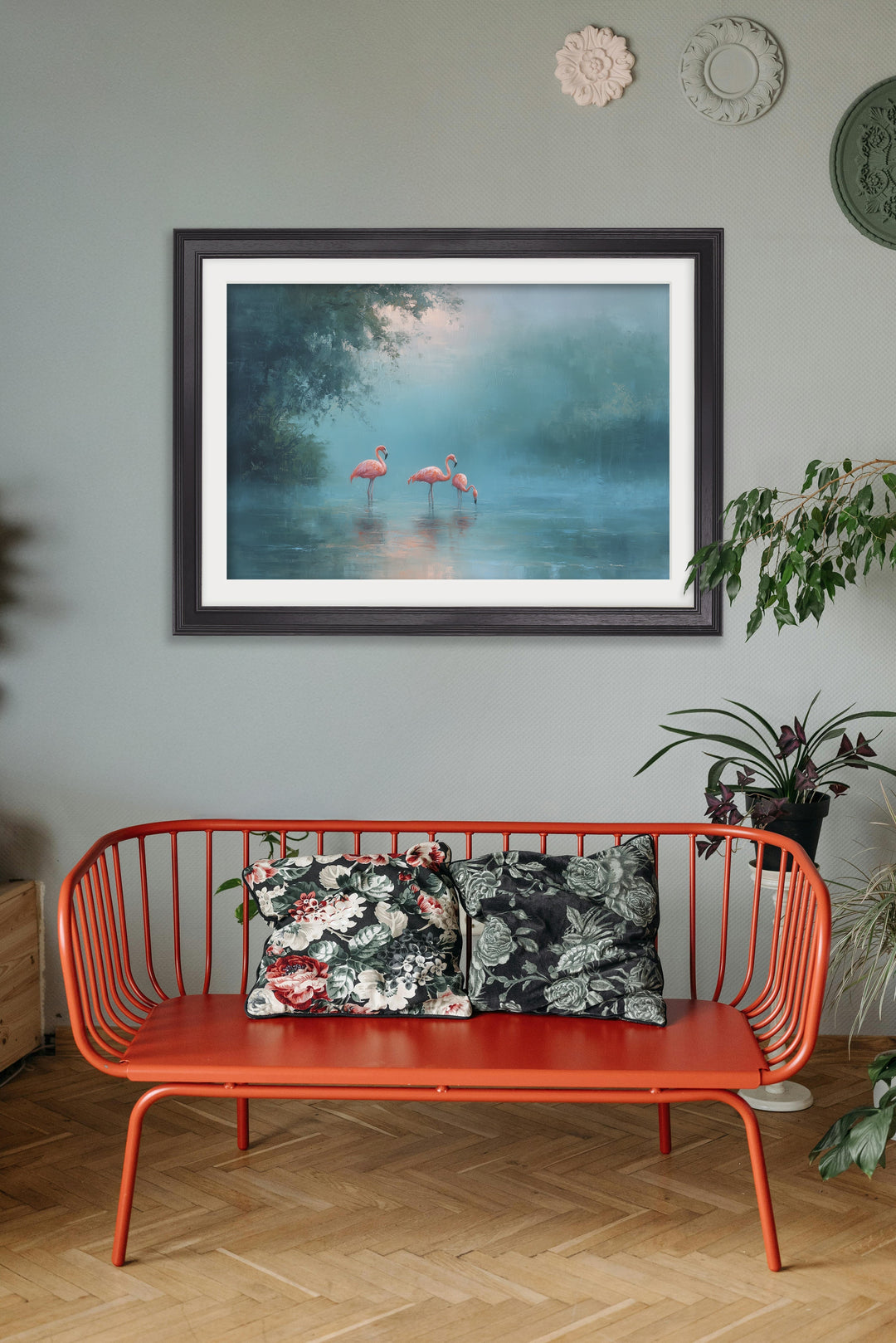 Misty Lake Flamingos - Black Hurstwood Frame - TheArtistsQuarter