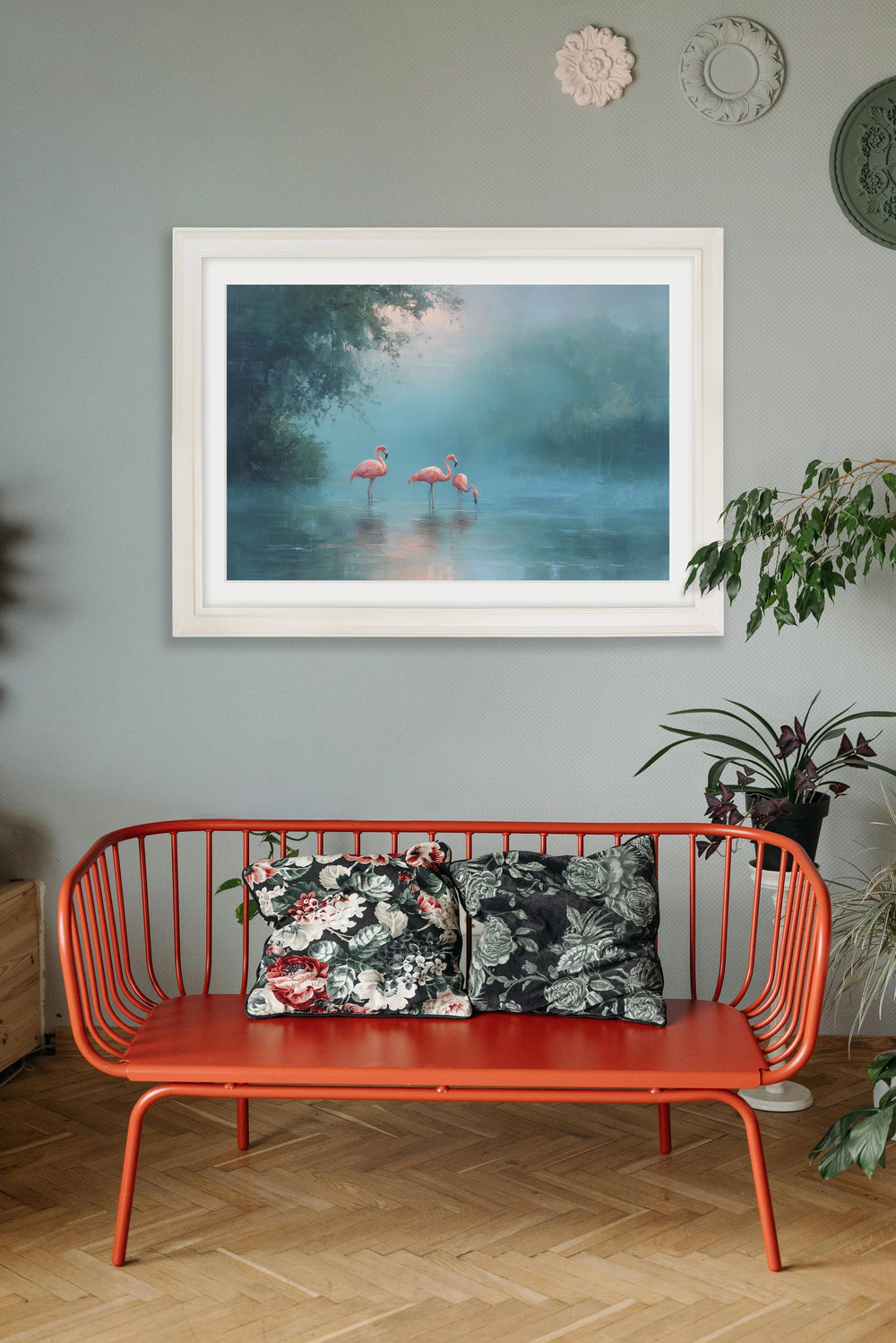Misty Lake Flamingos - Cream Hurstwood Frame - TheArtistsQuarter