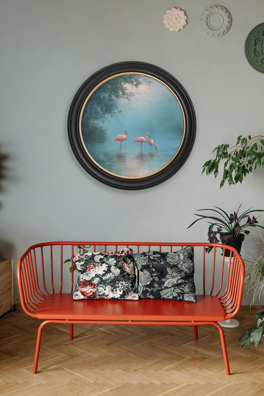 Misty Lake Flamingos - Oxford Round Frame - TheArtistsQuarter