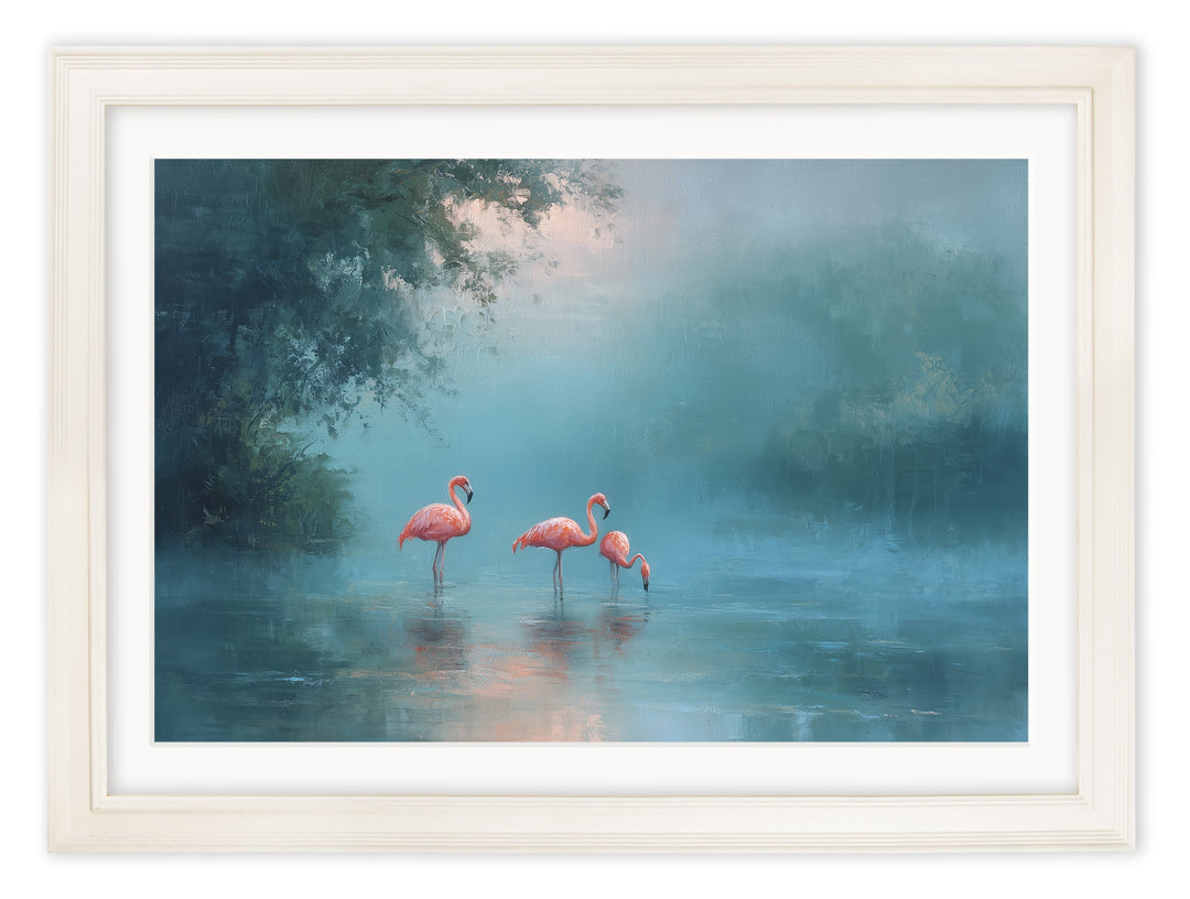 Misty Lake Flamingos - Cream Hurstwood Frame - TheArtistsQuarter