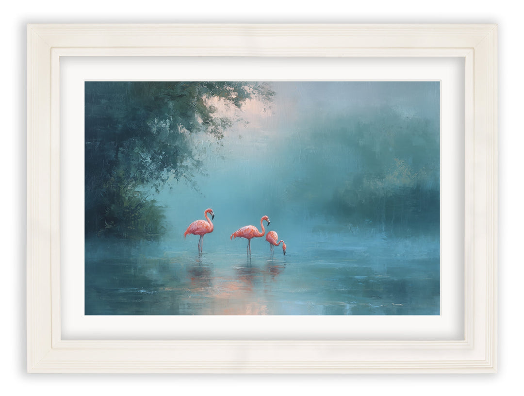 Misty Lake Flamingos - Cream Hurstwood Frame - TheArtistsQuarter