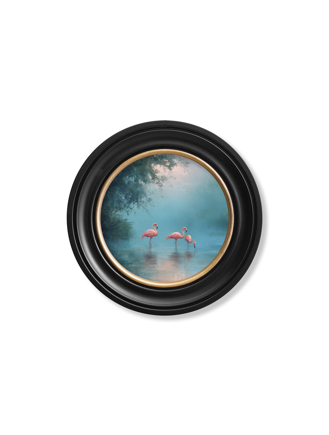 Misty Lake Flamingos - Oxford Round Frame - TheArtistsQuarter