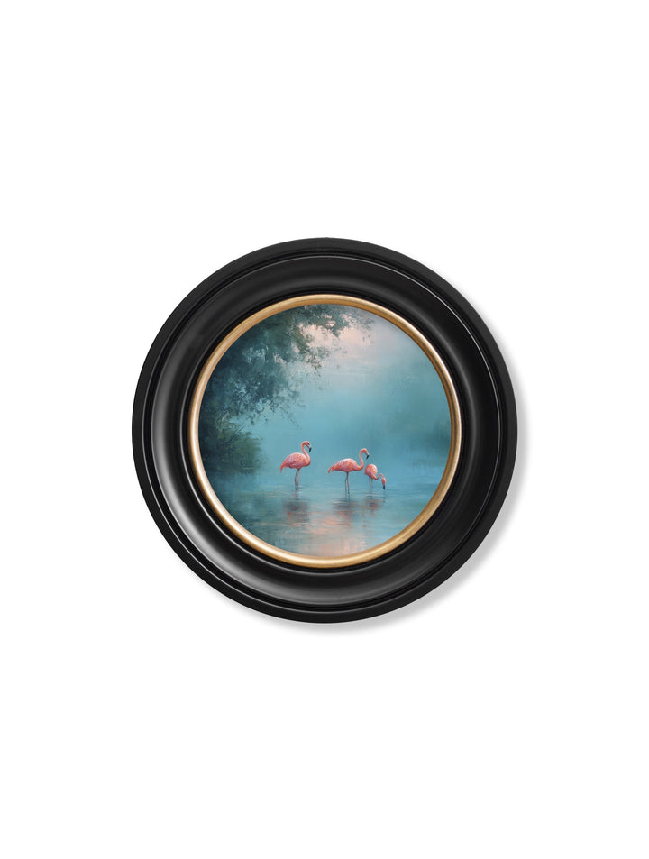 Misty Lake Flamingos - Oxford Round Frame - TheArtistsQuarter