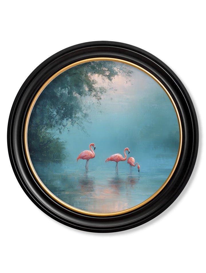 Misty Lake Flamingos - Oxford Round Frame - TheArtistsQuarter