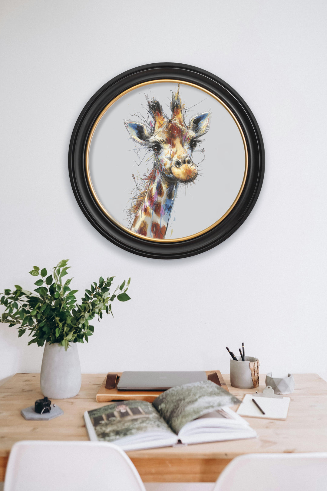 Tall Giraffe Cosy Sketch - Oxford Round Frame - TheArtistsQuarter