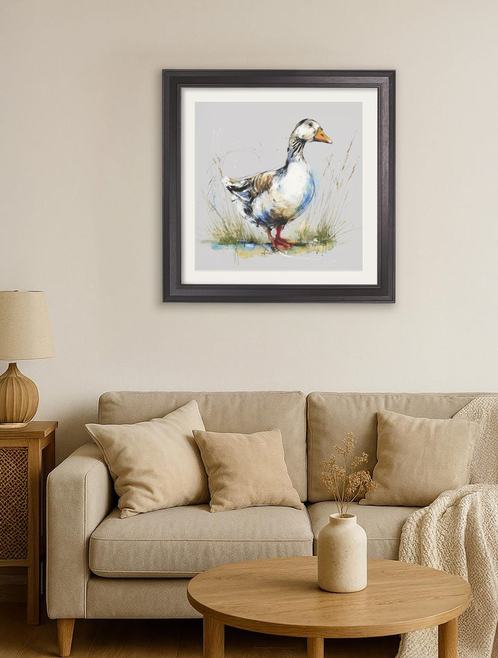 White Goose Cosy Sketch - Black Hurstwood Square Frame - TheArtistsQuarter