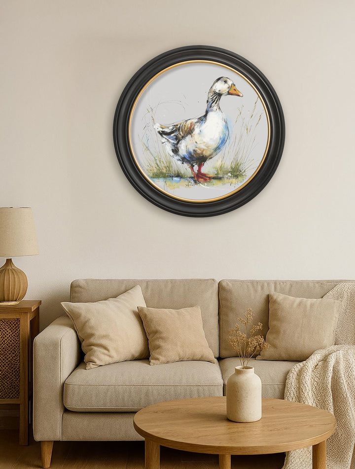 White Goose Cosy Sketch - Oxford Round Frame - TheArtistsQuarter