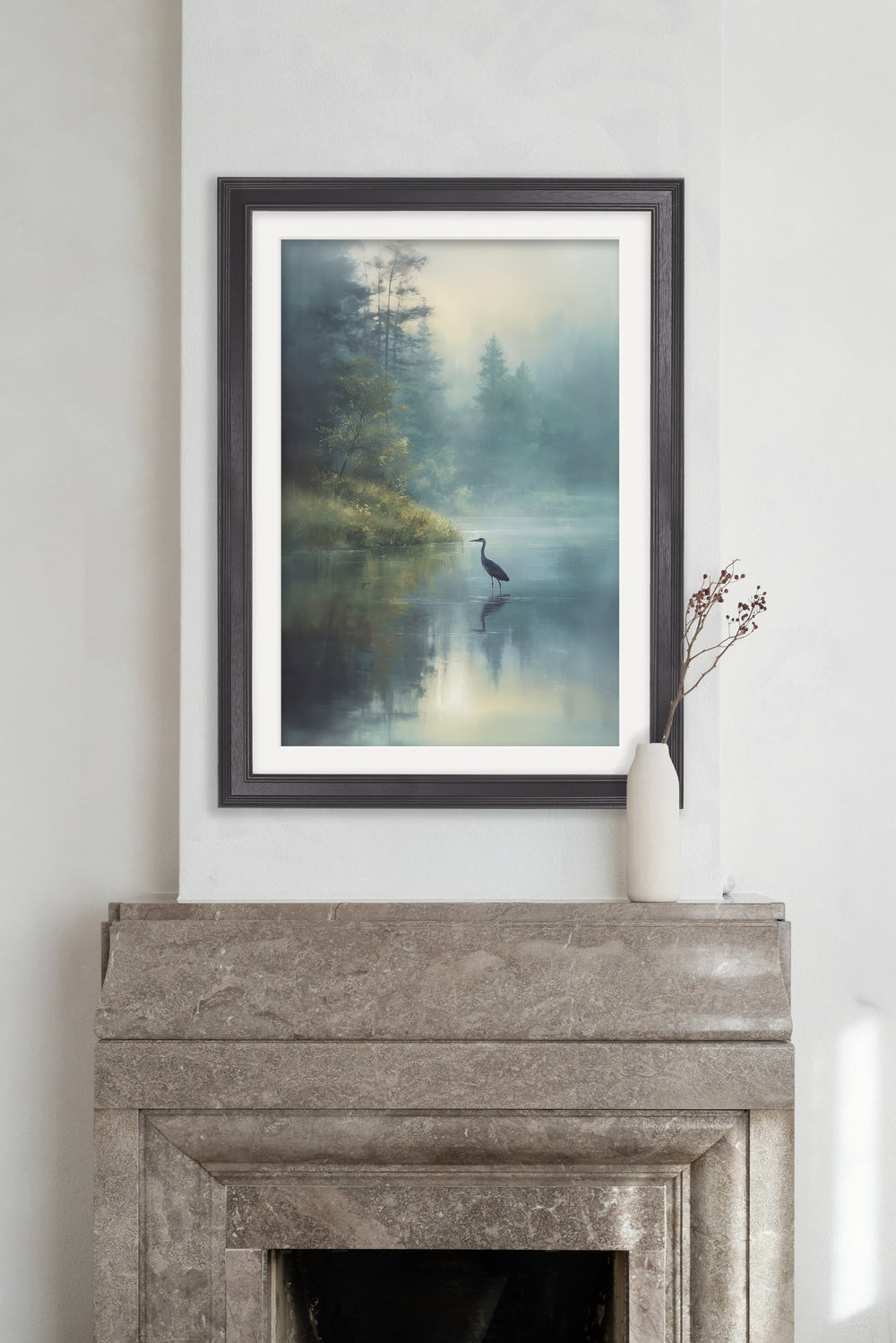 Misty Lake Heron - Black Hurstwood Frame - TheArtistsQuarter