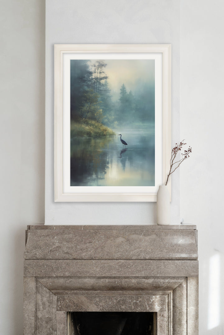 Misty Lake Heron - Cream Hurstwood Frame - TheArtistsQuarter