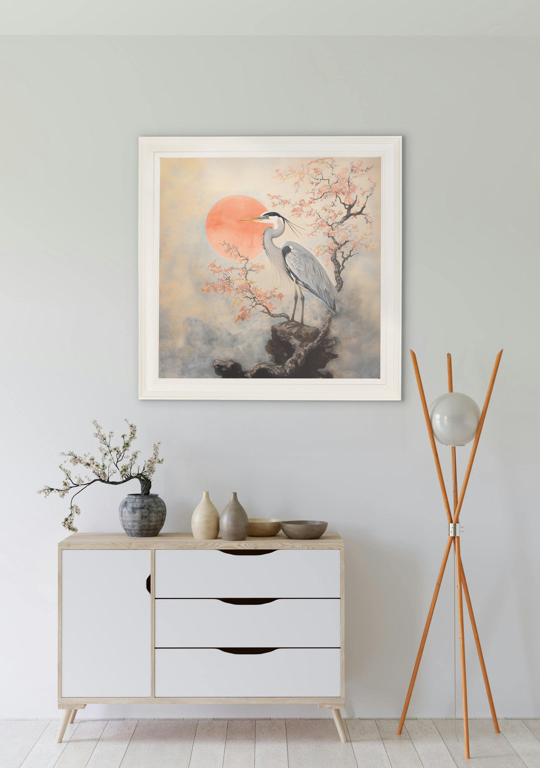 Japanese Twin Herons - Cream Hurstwood Square Frame - TheArtistsQuarter