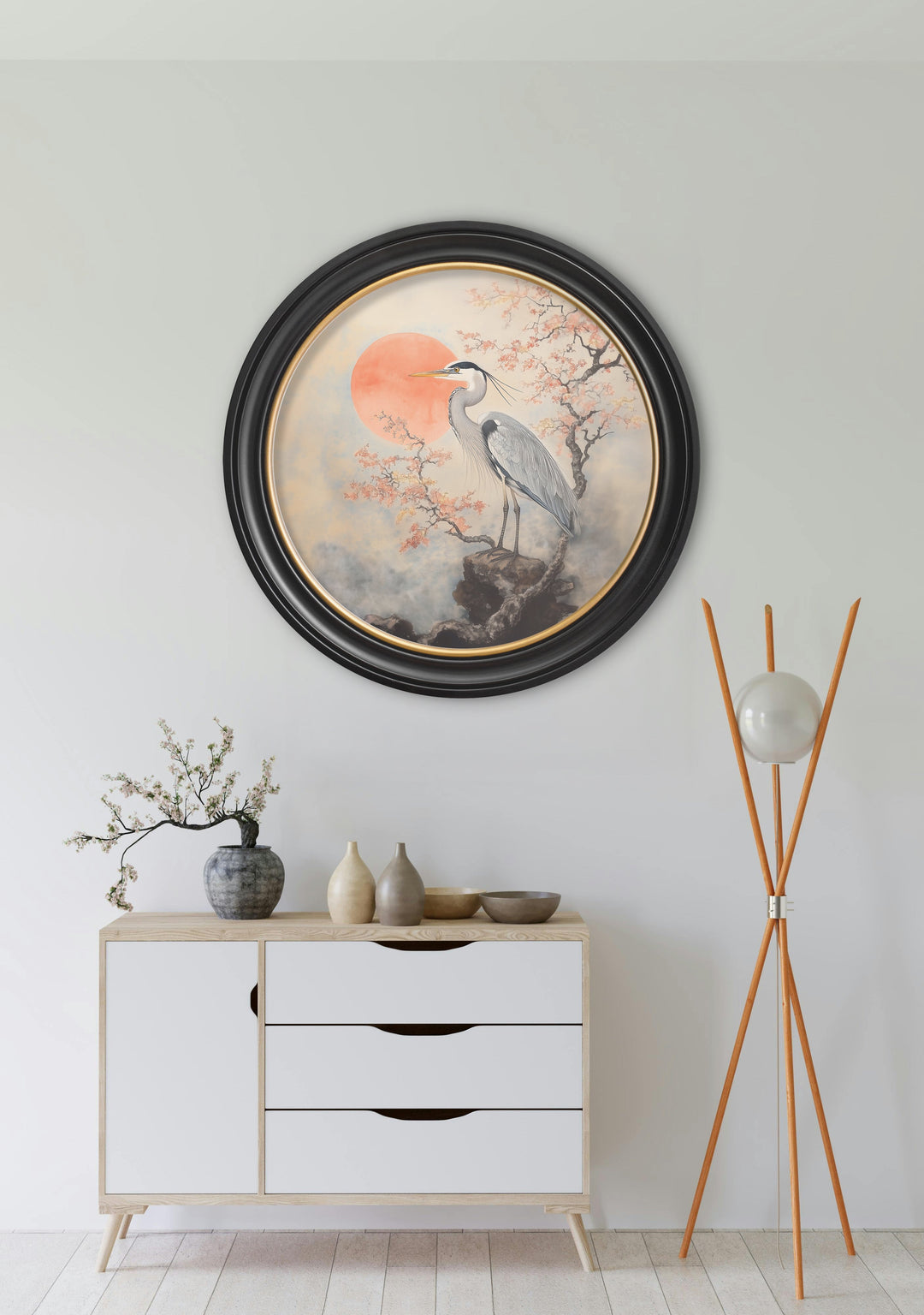 Japanese Twin Herons - Oxford Round Frame - TheArtistsQuarter
