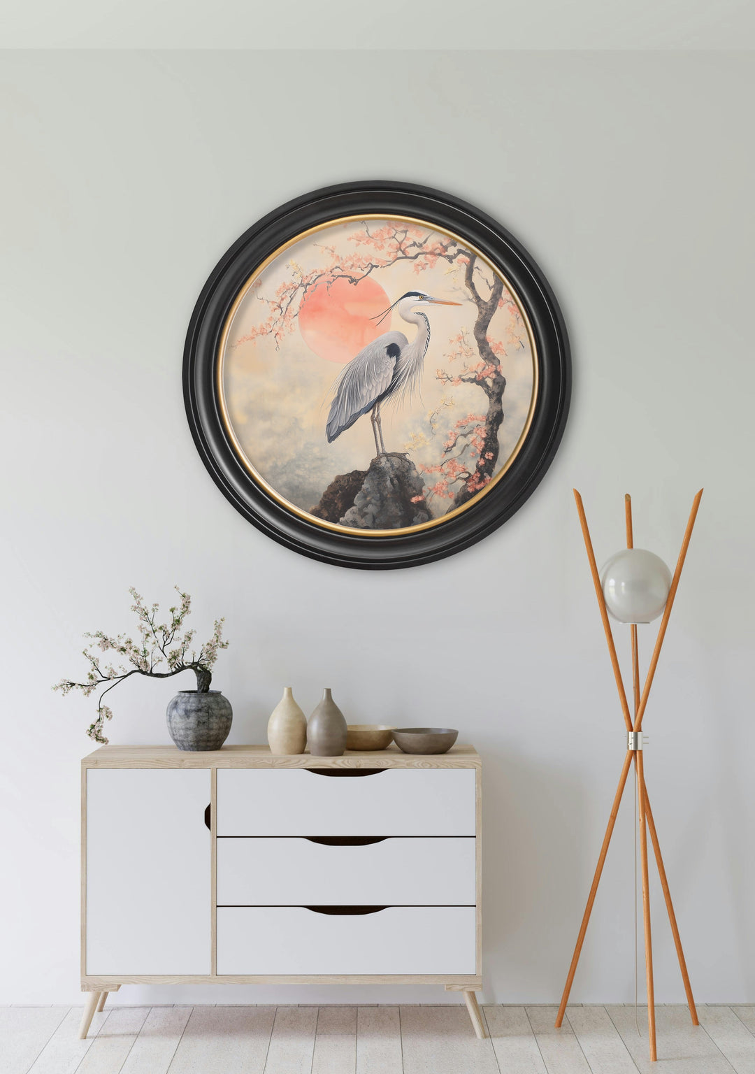 Japanese Twin Herons - Oxford Round Frame - TheArtistsQuarter