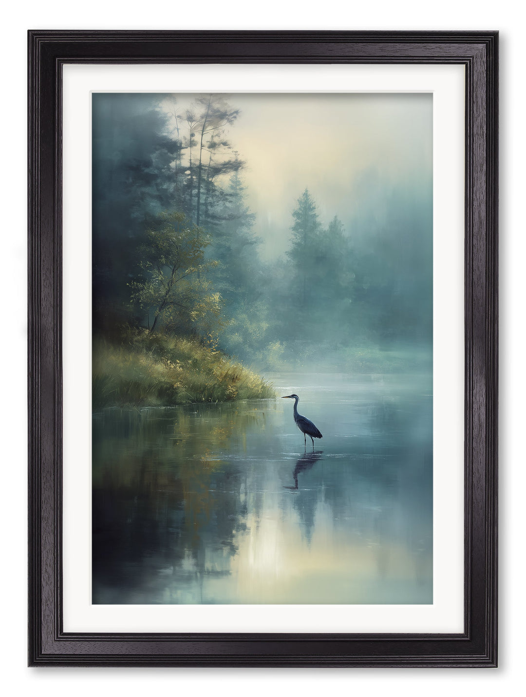 Misty Lake Heron - Black Hurstwood Frame - TheArtistsQuarter