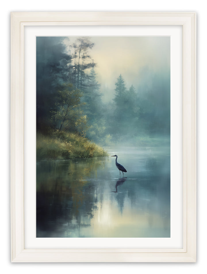 Misty Lake Heron - Cream Hurstwood Frame - TheArtistsQuarter