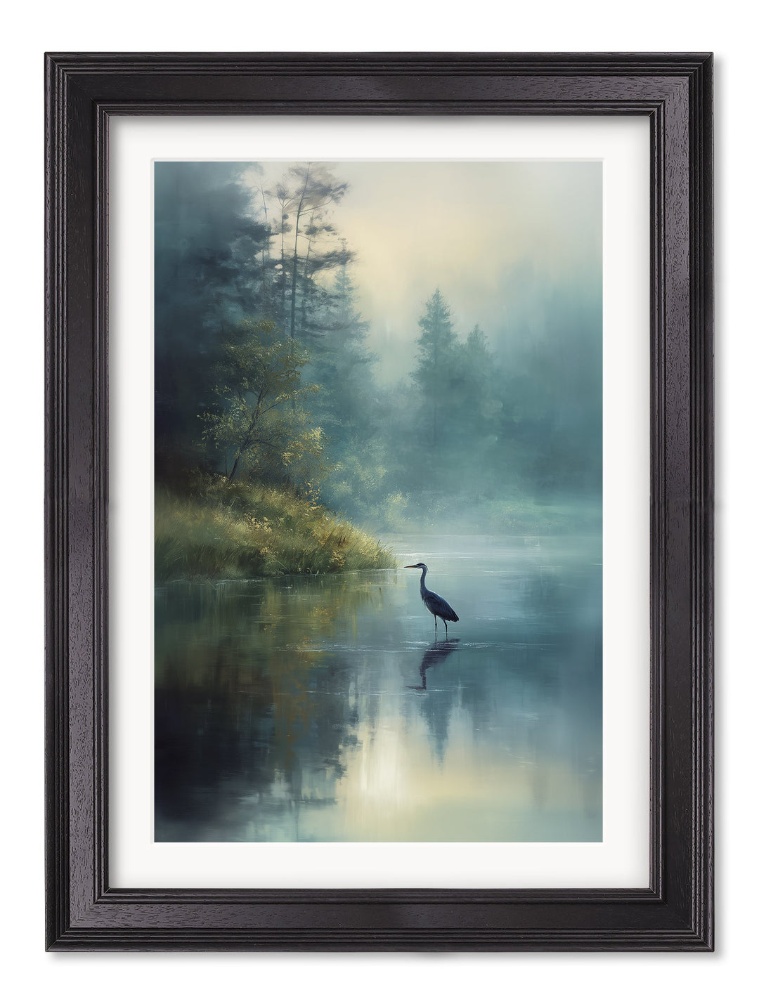 Misty Lake Heron - Black Hurstwood Frame - TheArtistsQuarter