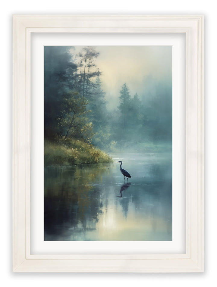 Misty Lake Heron - Cream Hurstwood Frame - TheArtistsQuarter