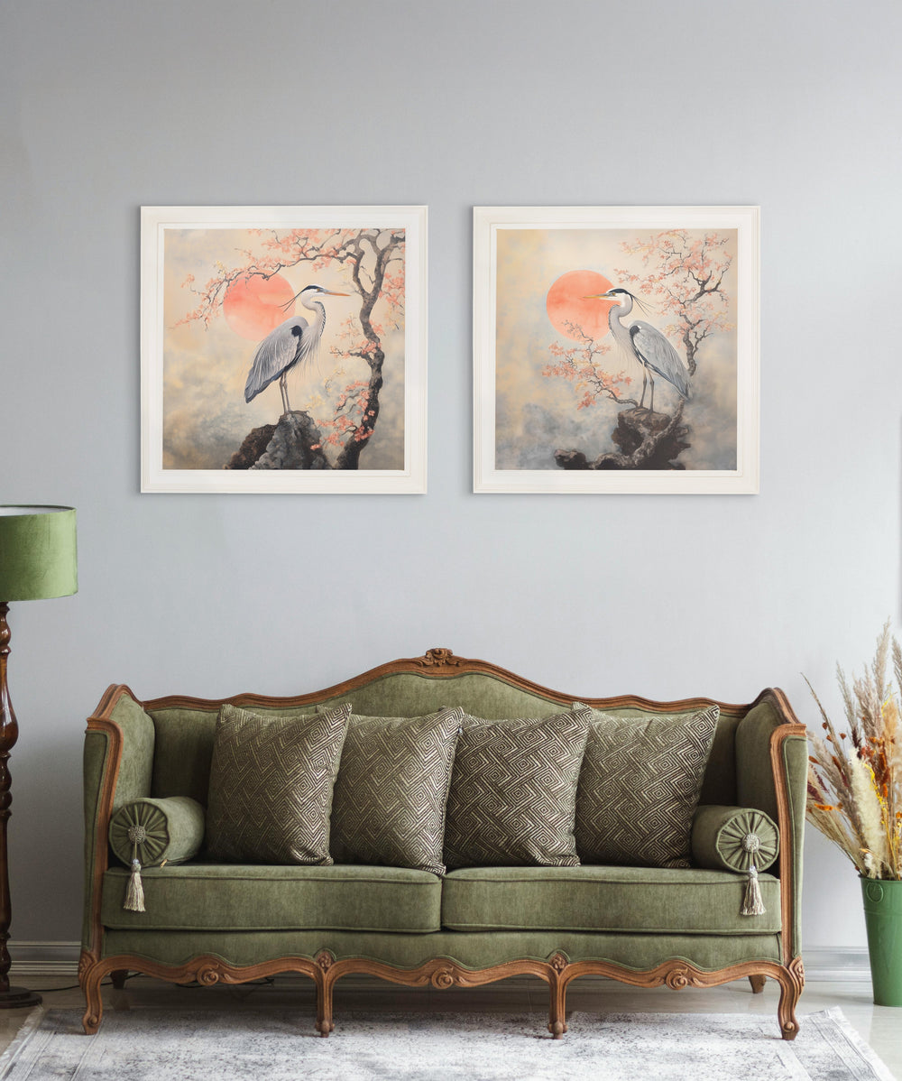 Japanese Twin Herons - Cream Hurstwood Square Frame - TheArtistsQuarter