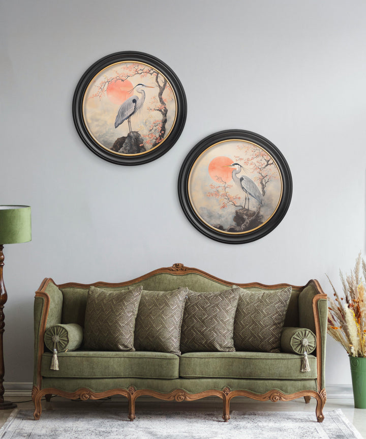 Japanese Twin Herons - Oxford Round Frame - TheArtistsQuarter