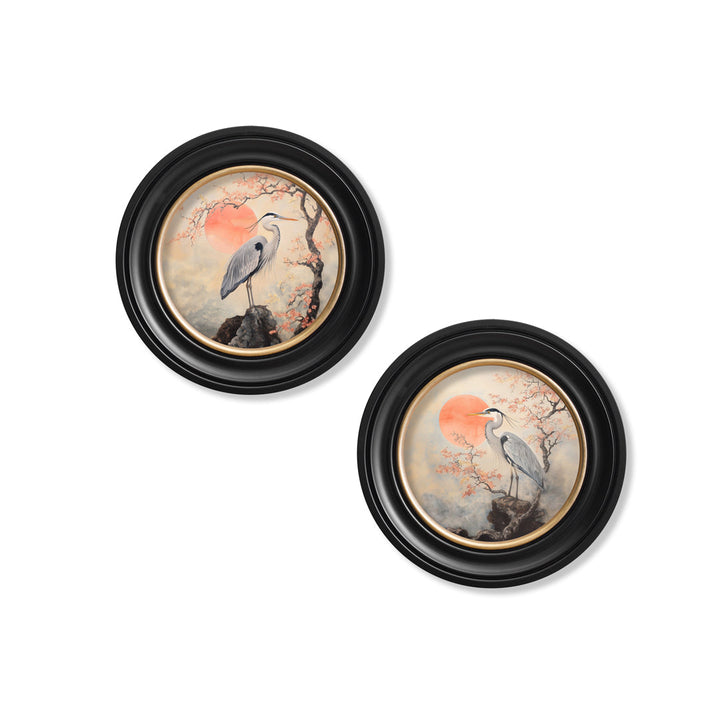Japanese Twin Herons - Oxford Round Frame - TheArtistsQuarter