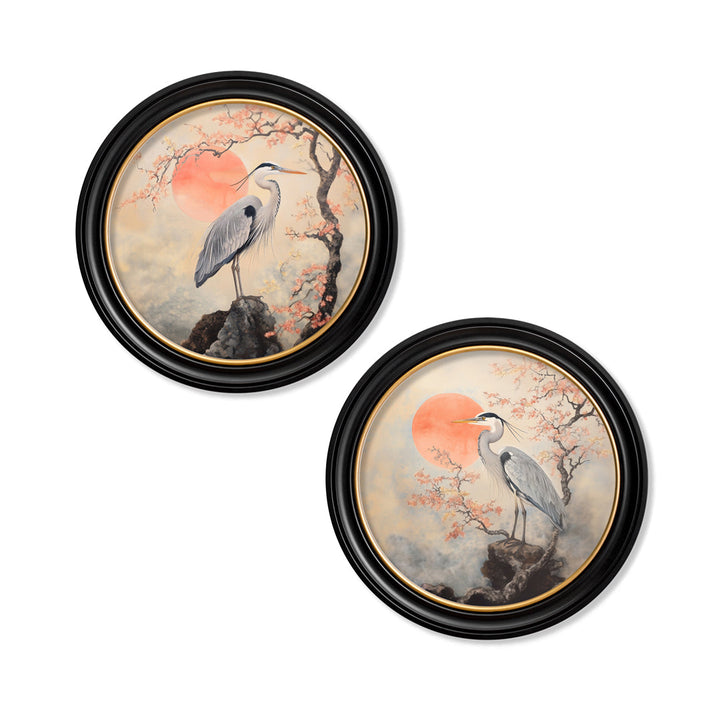 Japanese Twin Herons - Oxford Round Frame - TheArtistsQuarter