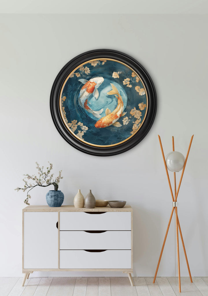 Japanese Koi Carps Dawn - Oxford Round Frame - TheArtistsQuarter