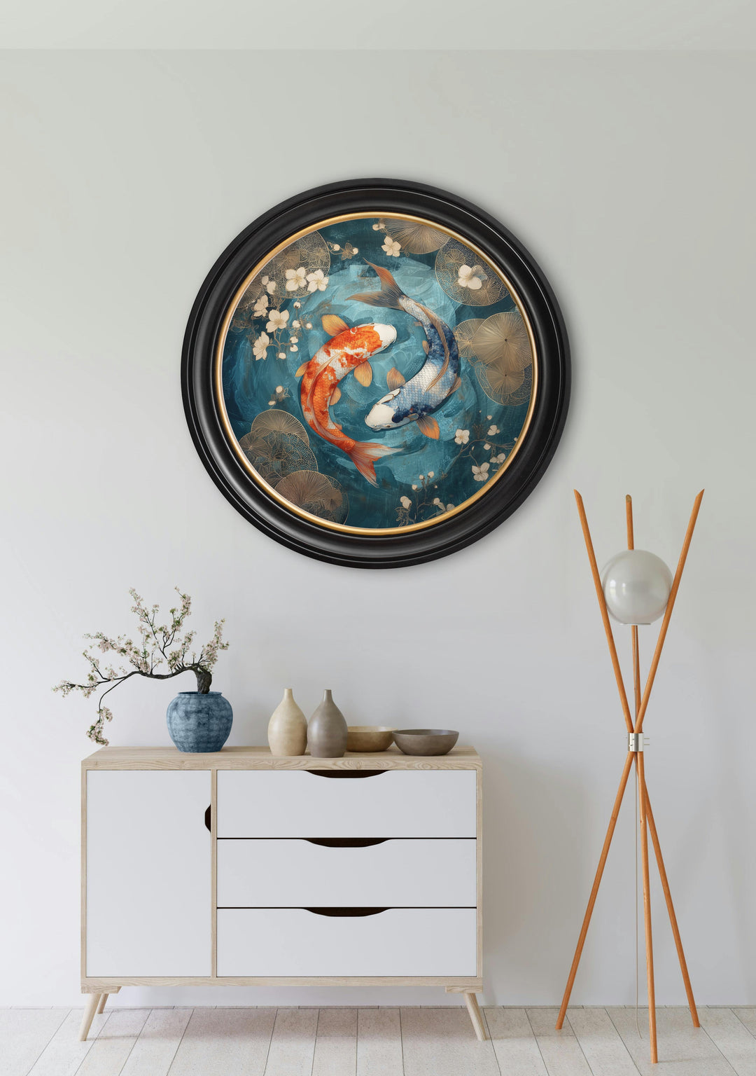 Japanese Koi Carps Dusk - Oxford Round Frame - TheArtistsQuarter